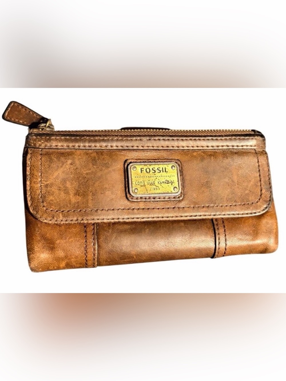 Fossil Long Live Vintage 1954 Emory Clutch Soft Distressed Brown Leather Wallet